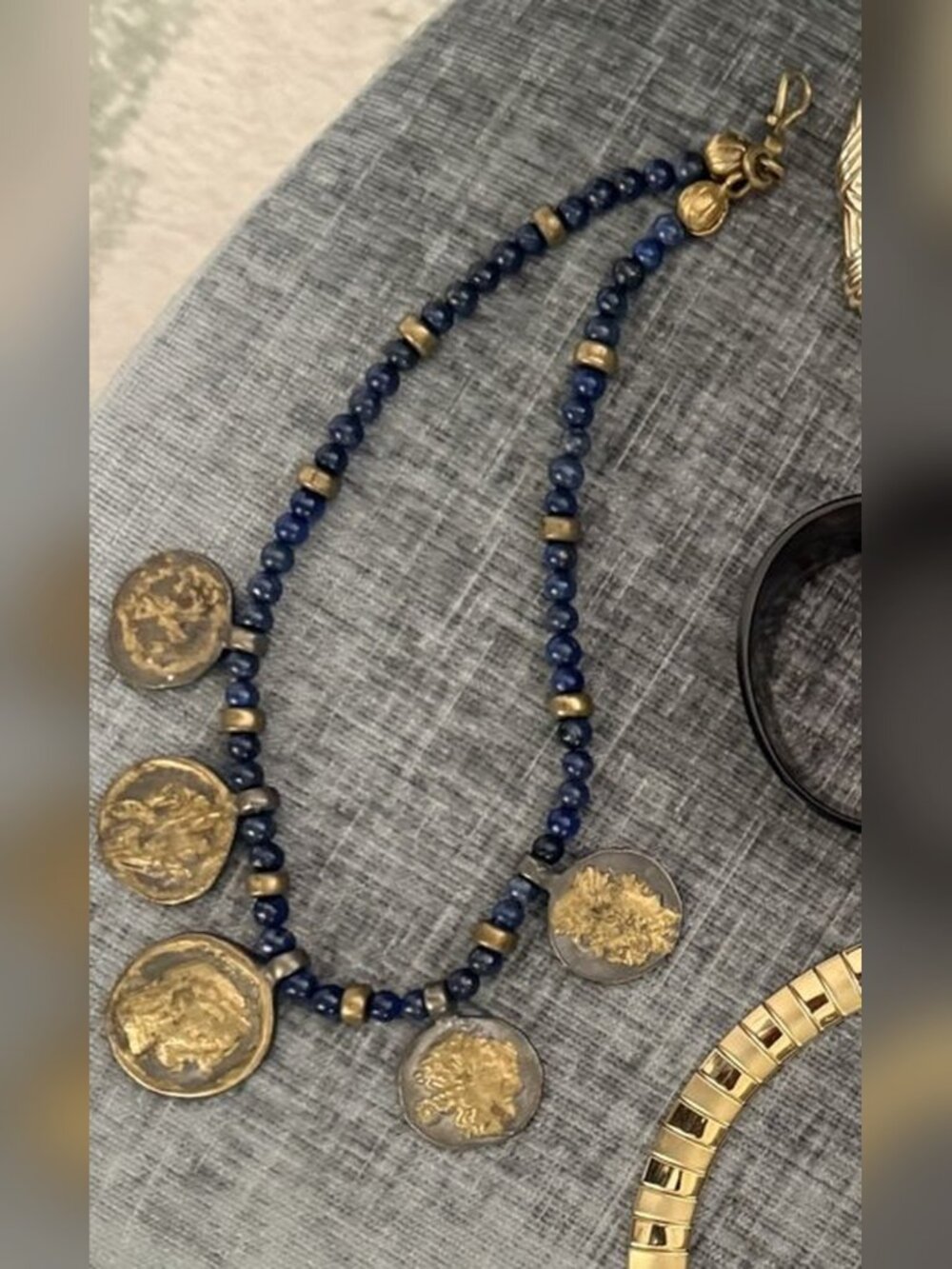 Lapis Bead Necklace with Antique-Style Coin Pendants